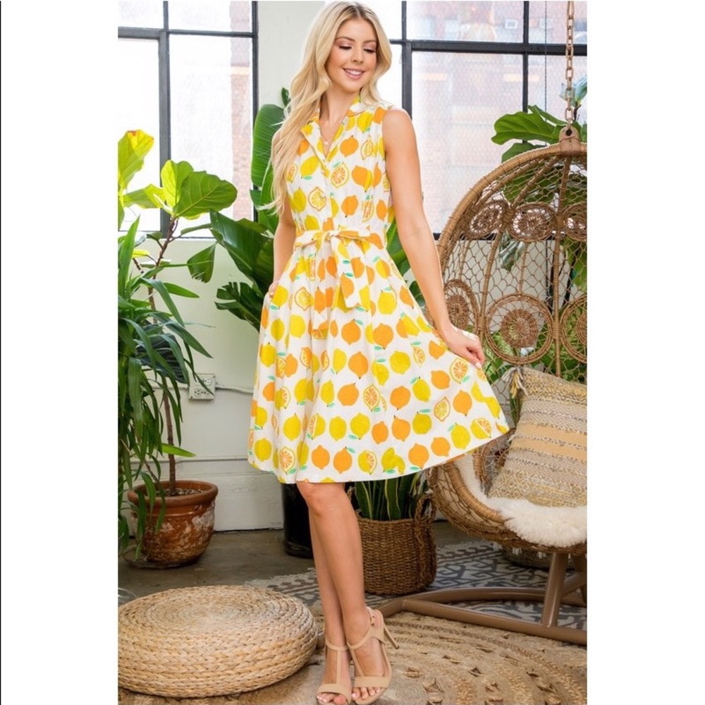 🍋🍊 NWT L.A. Soul “All Over Lemon” Collared Button Front Shirtdress